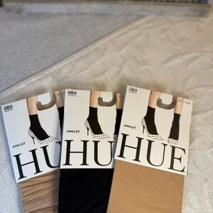 3 piece Set of Hue Anklet Nylon Socks. 2 Natural and 1 Black. One size